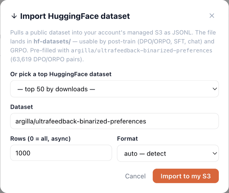 Import HuggingFace dataset modal pre-filled with argilla/ultrafeedback-binarized-preferences, 1000 rows, format auto