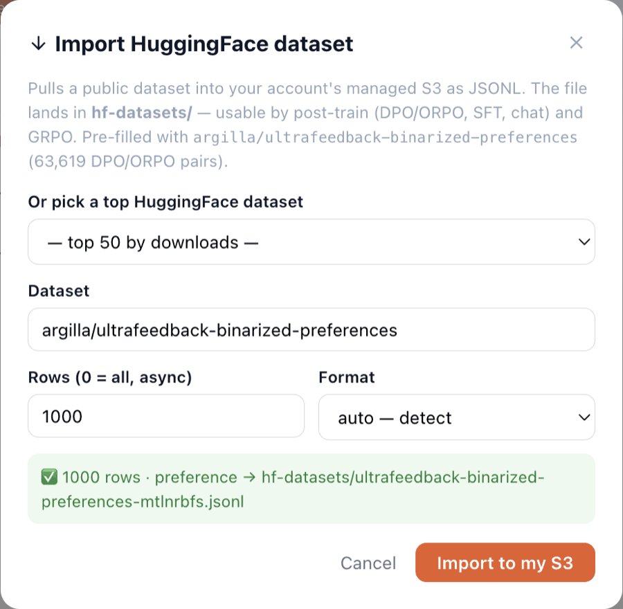 Import modal with green success banner: 1000 rows · preference → hf-datasets/ultrafeedback-binarized-preferences-mtlnrbfs.jsonl
