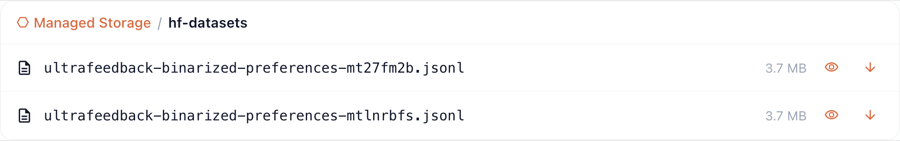 Files listing inside hf-datasets/ showing ultrafeedback-binarized-preferences jsonl files (~3.7 MB each)